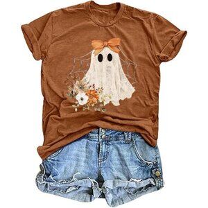 women's Brown Cotton Blend Halloween Ghost Retro Spooky Short Sleeve T Shirt